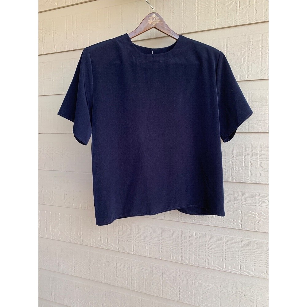 Rebecca Malone women short sleeve back keyhole blouse navy blue sz L